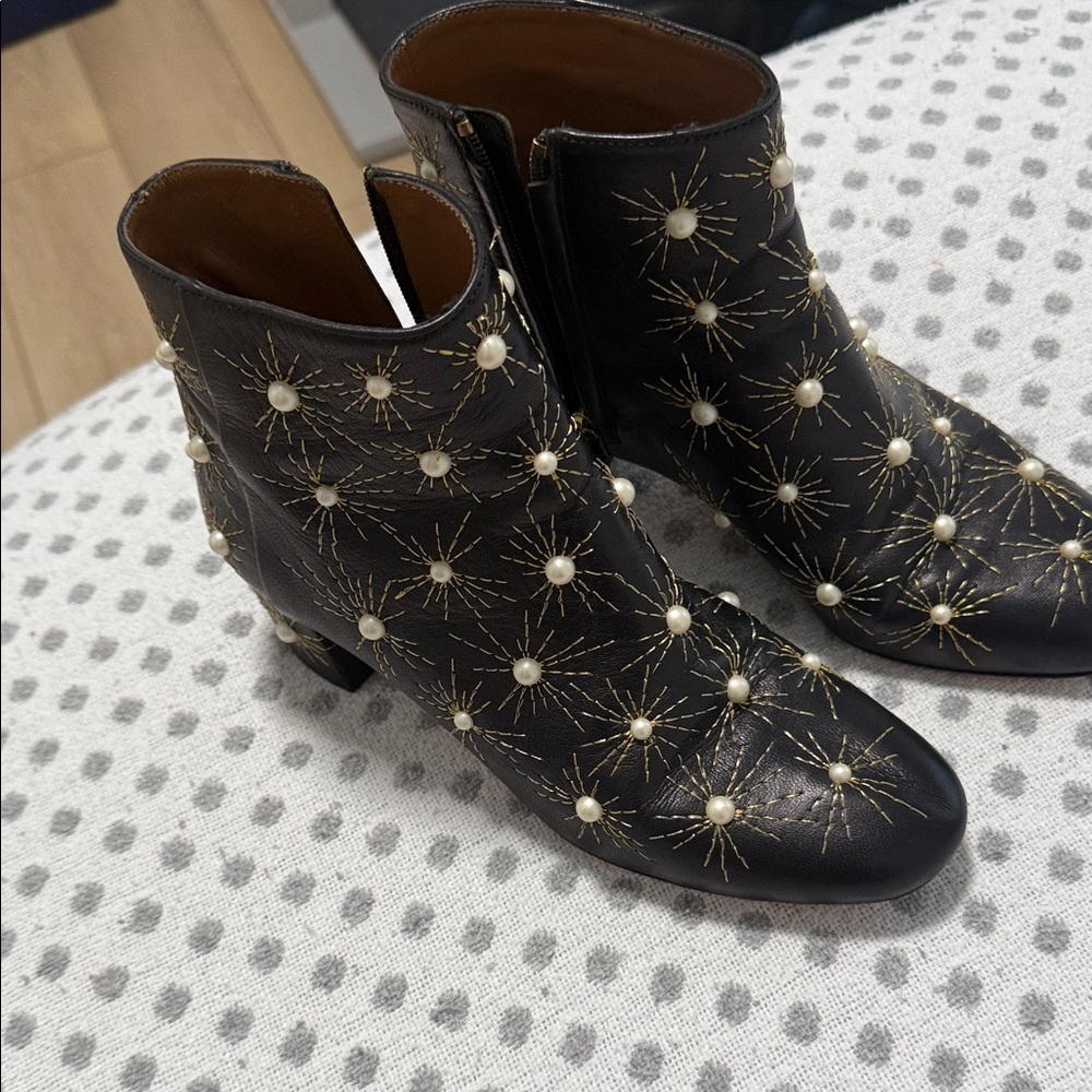 Aquazzura Black Ankle Boots with Pearl and Gold Embellishments